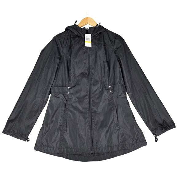 JONES NEW YORK WOMENS BLACK HOODED WINDBREAKER RAIN JACKET SIZE SMALL POLYESTER - Picture 1 of 13